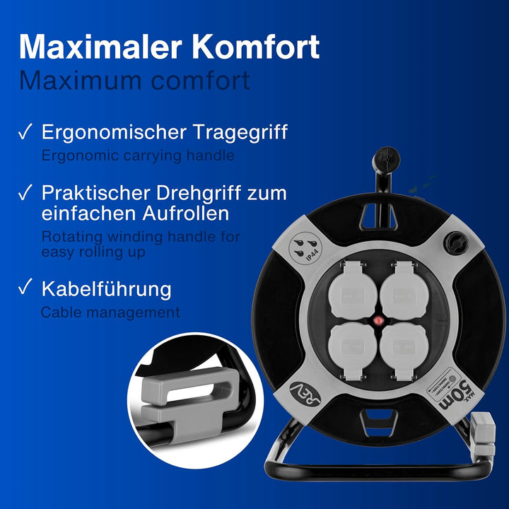REV Kabeltrommel EX, Gerätetrommel, Kabeltrommel leer IP44, 4-fach, Kabelaufroller leer, grau Grau K