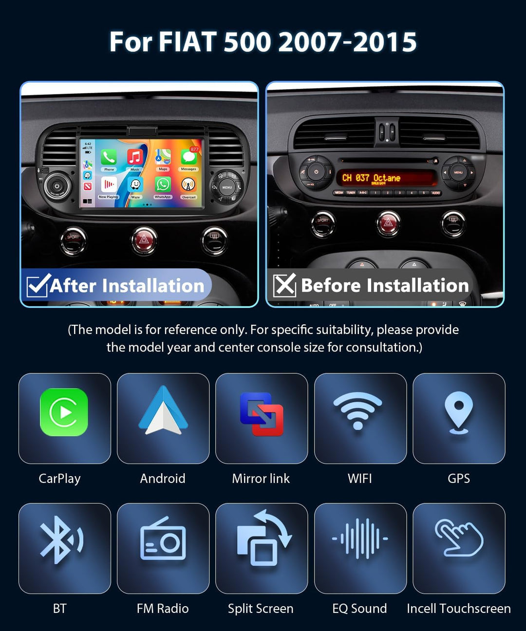 4GB+64GB Autoradio für FIAT 500 2007-2015 mit Wireless Carplay/Android Auto, 7 Zoll Car Stereo mit G