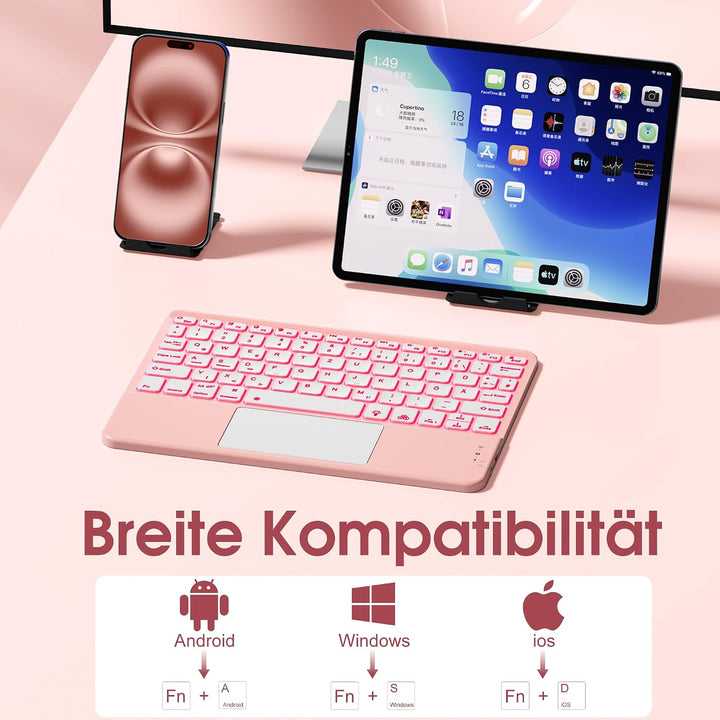 Vobafe Bluetooth Tastatur mit Touchpad, 7-farbiges Backlight iPad Tastatur | Traleicht Kabellose QWE