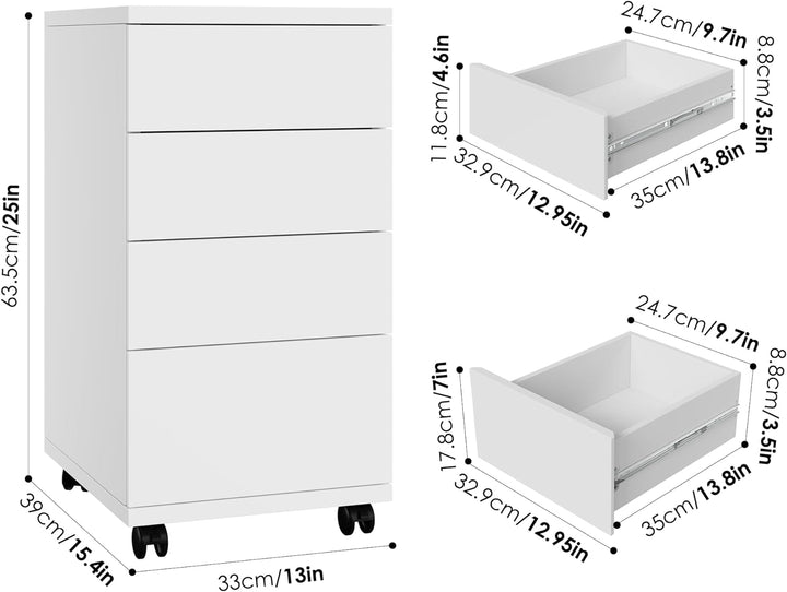 HOCSOK Rollcontainer mit 4 Schubladen, Aktenschrank mit Rollen, Büroschrank, unter dem Schreibtisch,