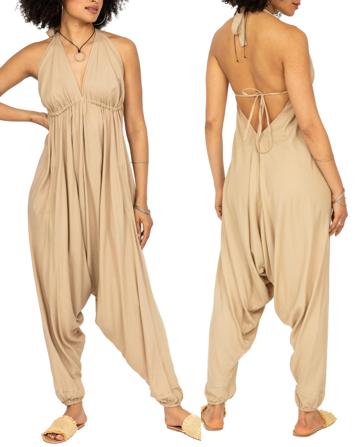 likemary Jumpsuit Damen Sommer – Luftiger Neckholder Overall mit Taschen – Boho Einteiler Damen mit