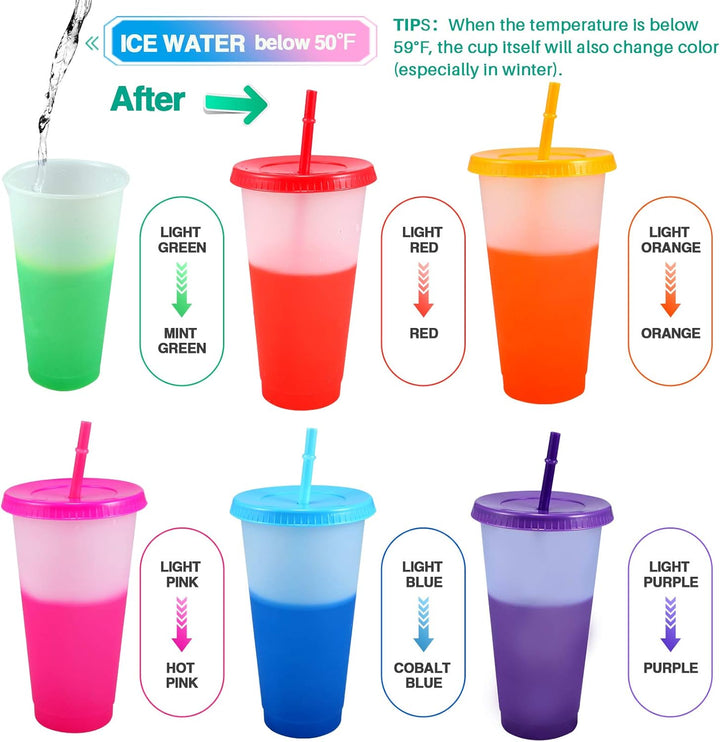 6 Stück Plastikbecher Trinkbecher Becher mit Deckel & Strohhalm Abdeckung - 710ml Mehrweg Tasse Farb