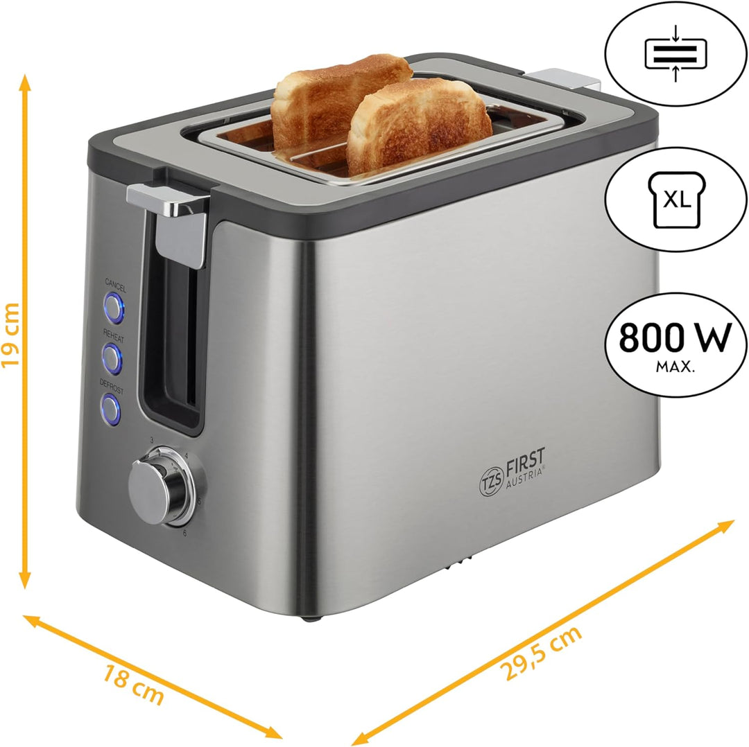 TZS First Austria Edelstahl 2-Scheiben Toaster | 6 Bräunungsstufen, Auftau- und Aufwärmfunktion | in