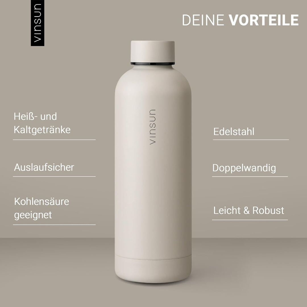 Vinsun Trinkflasche Edelstahl beige 500ml - auslaufsicher, Kohlensäure geeignet, BPA frei - doppelwa