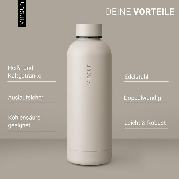 Vinsun Trinkflasche Edelstahl beige 500ml - auslaufsicher, Kohlensäure geeignet, BPA frei - doppelwa