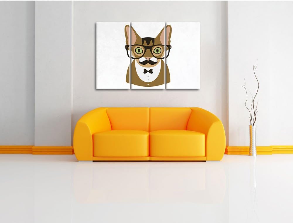 Pixxprint Hipster Katze mit Brille, Schnurbart und Fliege (Main Coon) weiss 3-Teiler Leinwandbild 12
