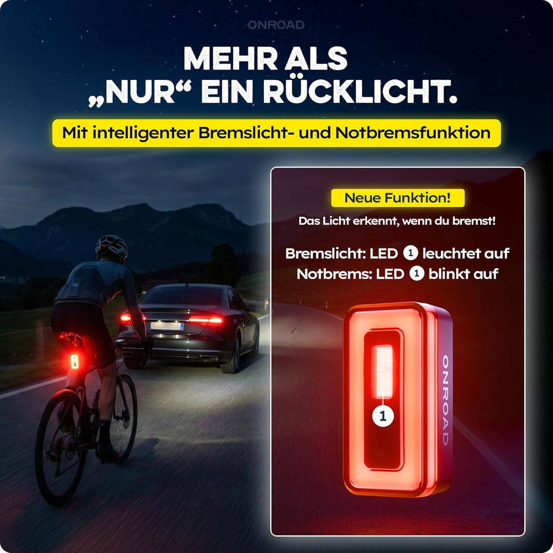 LED Fahrradlicht Set XENOX mit Bremslicht, 14h Akkulaufzeit &amp; USB-C aufladbar - Fahrrad Licht vorne