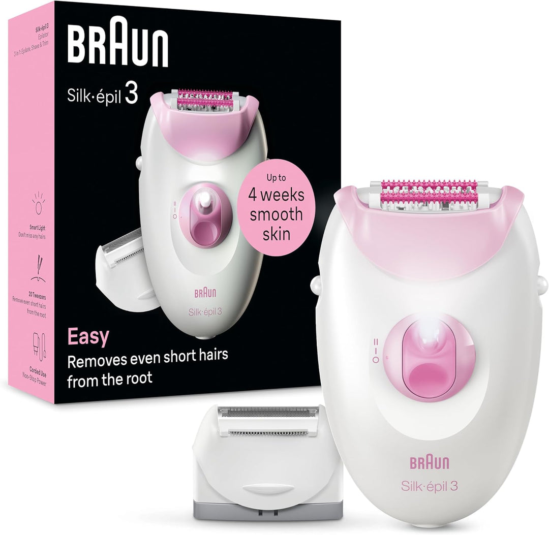 Braun Silk-épil 3, kabelgebundener Epilierer Damen für Haarentfernung, Rasieraufsatz und Trimmeraufs