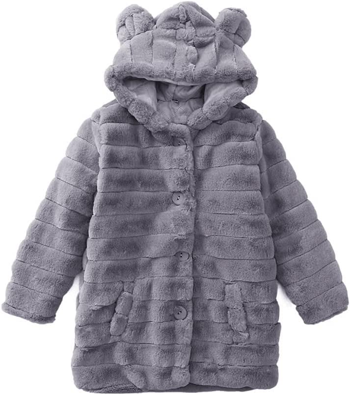 Aeslech Mädchen Mantel Kunstfell mit Kapuze Kinder Mädchen Mantel Warm Winter 5-6 Jahre Grau, 5-6 Ja