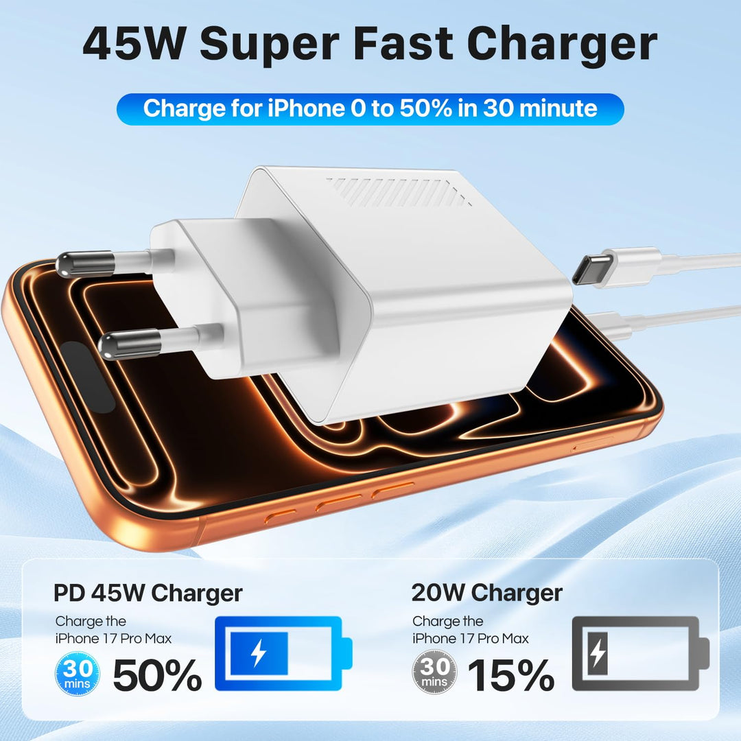 Qalirvis 45W USB C Ladegerät Ladekabel für iPhone 17 Pro Max 17 Air, iPhone 16 16e 15 Pro Max, iPad,
