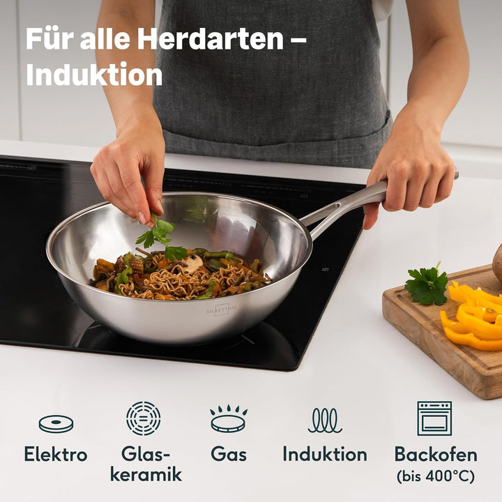 SILBERTHAL Wokpfanne Unbeschichtet Induktion 28 cm - Edelstahl Wok zum Frittieren und Braten- Für al