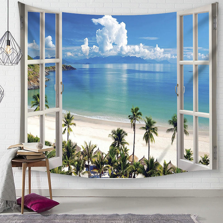 Gualiy Wandteppich 260 x 240 cm, Meer Strand Palme Fenster Landschaft Wandbehang Wandtuch Ozean Tapi