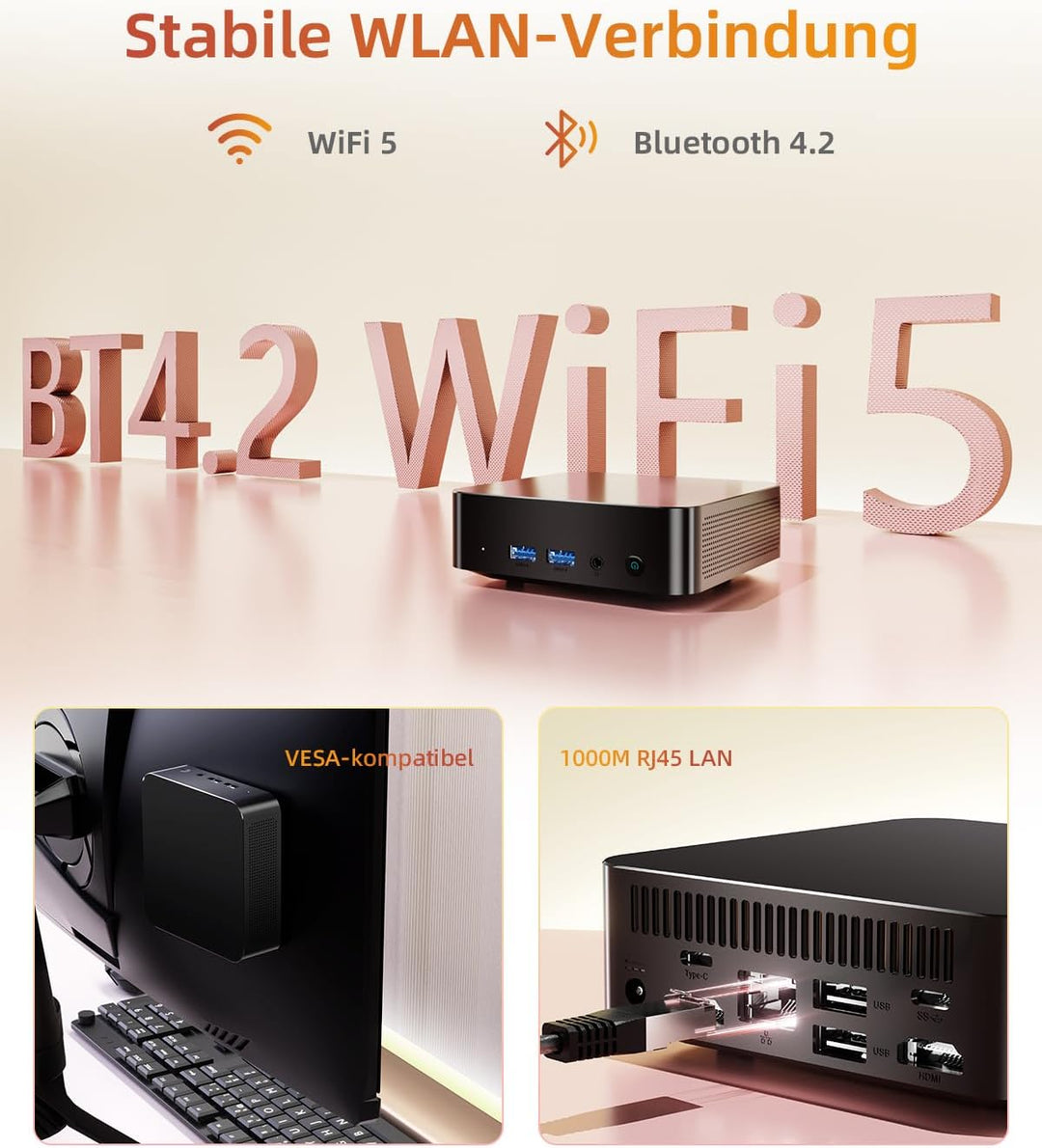Mini PC N3150 (4 Kerne/4 Threads, bis 2,08 GHz), 8 GB RAM, 256 GB SSD, Dual USB-C Mini Computer, 2×