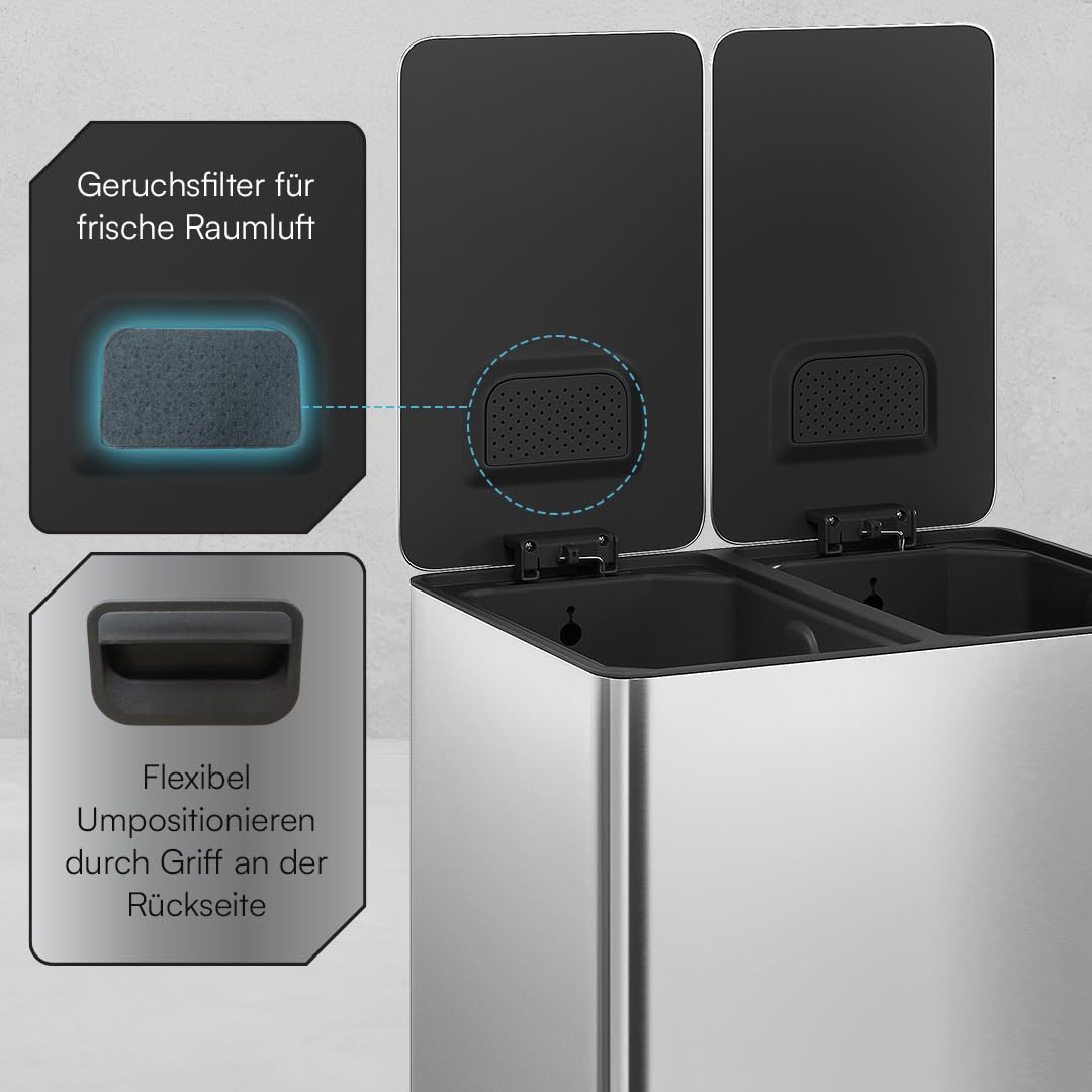 STEELSØN Gloas Mülleimer 2 Fächer – Mülltrennsystem Küche 2x15 L aus Edelstahl Silber – Tretmülleime