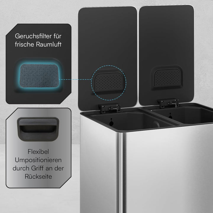 STEELSØN Gloas Mülleimer 2 Fächer – Mülltrennsystem Küche 2x15 L aus Edelstahl Silber – Tretmülleime