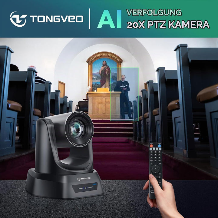 TONGVEO 4K AI PTZ-Kamera mit Auto-Tracking und 20-fachem optischem Zoom, Konferenzkamera mit HDMI/US