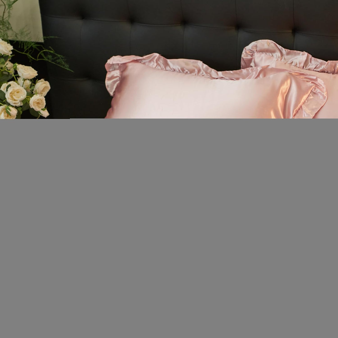Freyamy Satin Bettwäsche 155x220 Glatt Luxus Seide Glanzsatin Bettwäsche Set Rosa Einfarbig Rüschen