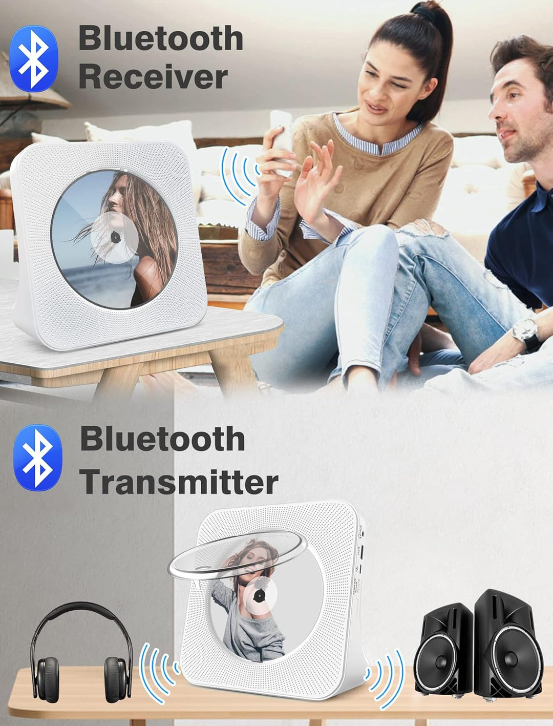4000 mAh wiederaufladbarer CD Player Bluetooth 5.0 mit Radio 5W Dual Lautsprecher Wiedergabeleuchte
