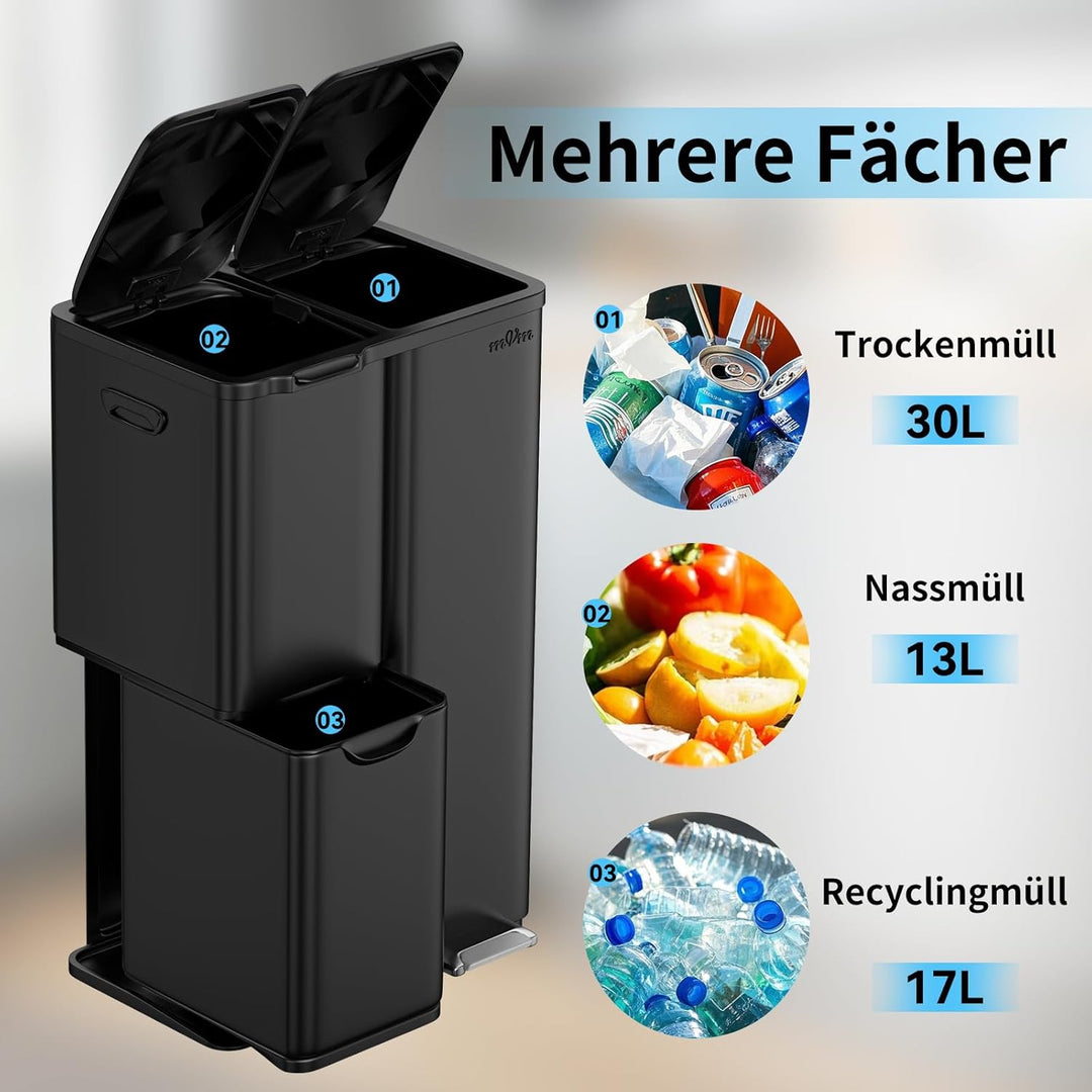 mVm Mülleimer Küche,60 Liter Treteimer,3 Fächer, Mülltrennsystem, Abfalleimer Küche mit Inneneimer a