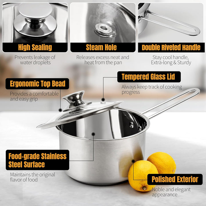 AuFranc® Edelstahl Kochtopfset, 6-Teilig Topfset mit Glasdeckeln und Kühlbleibender Griff, Kochtopf