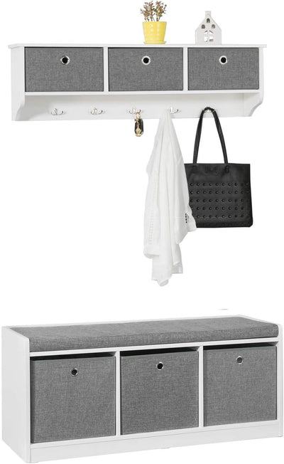 SoBuy Wandgarderobe-Set Flurset Flurmöbel Schuhbank mit Sitzfläche Flurgarderobe FSR65-DG+FRG282-W