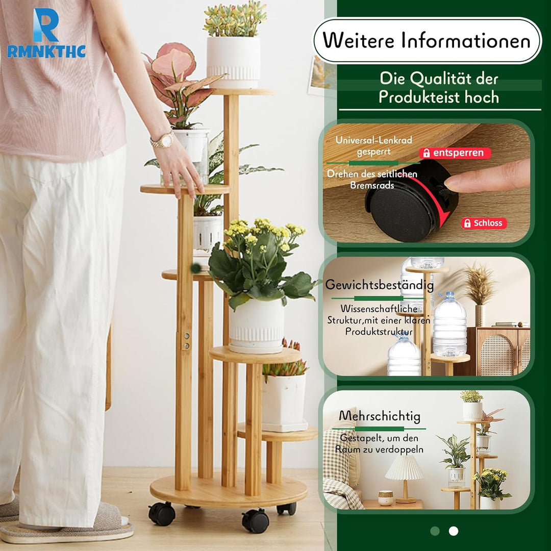 Bambus Blumenregal mit Rollen | 5-stufig 20kg Traglast | Naturmaterial wasserfest | Einfache Montage