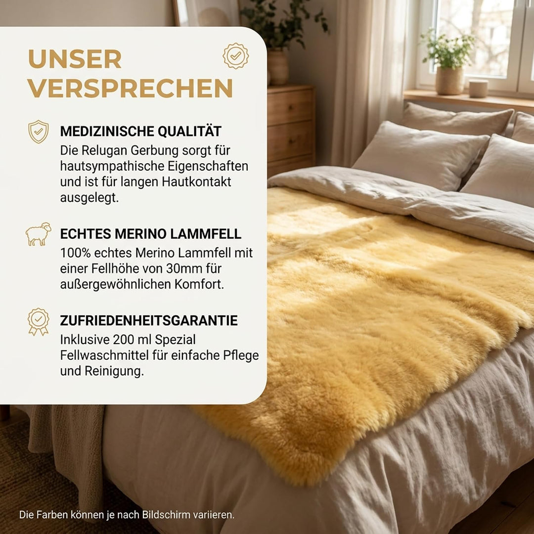 Bettauflage aus hochwertigem Merinolammfell – Besonders atmungsaktiv – Geeignet für Sommer und Winte