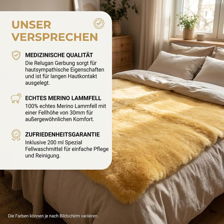 Bettauflage aus hochwertigem Merinolammfell – Besonders atmungsaktiv – Geeignet für Sommer und Winte