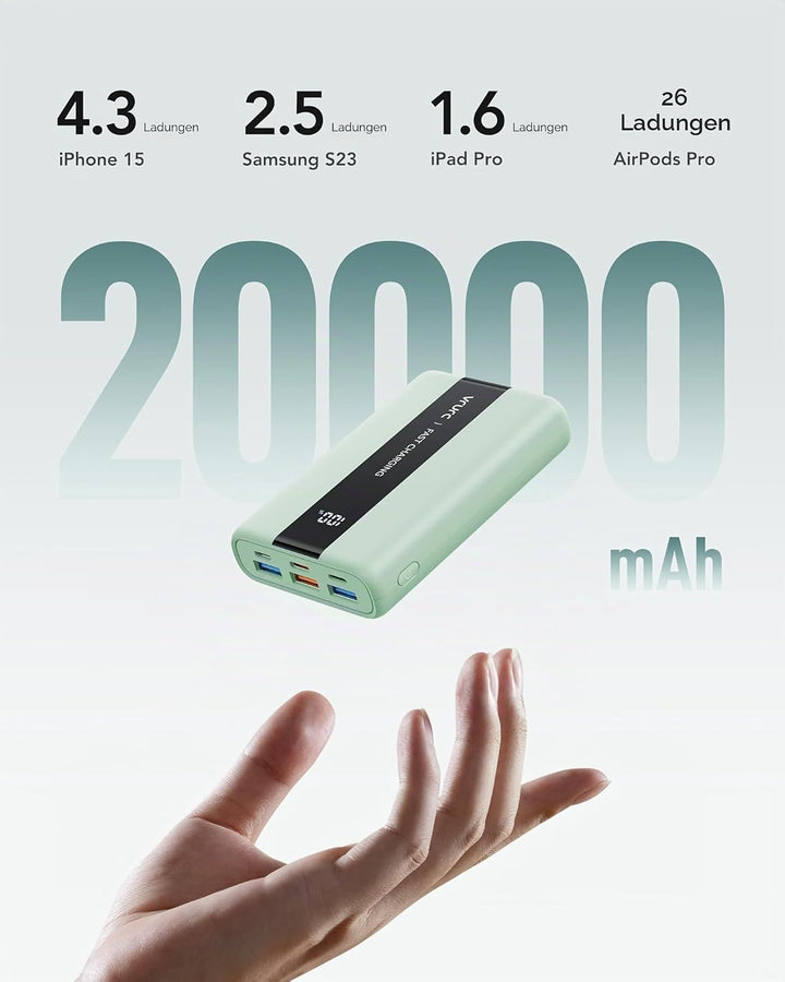 VRURC Power Bank 20000mAh – Kleiner & tragbarer externer Akku mit 22,5W QC & PD 3.0 Schnellladen, US