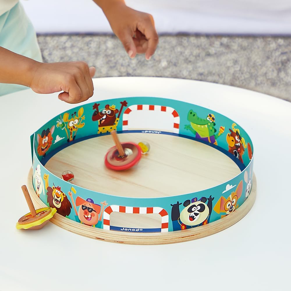 Janod - Kreisel-Arena Applepop - Geschicklichkeitsspiel für Kinder - 1 Arena + 2 Kreisel mit Startvo