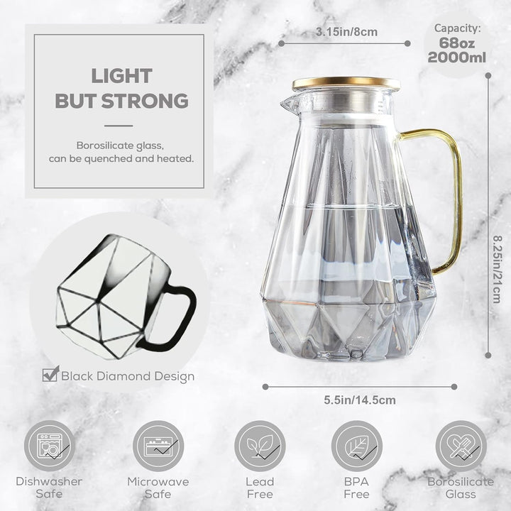 DUJUST schwarzer Glaskaraffe mit Deckel 2 Liter, Wasserkaraffe im Modernen Diamant Design, Glaskrug