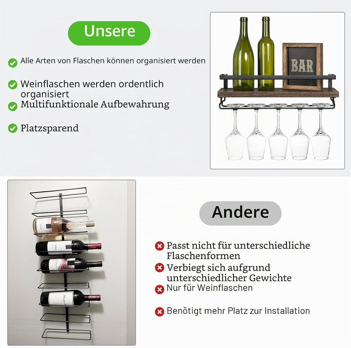 Mkono Wandmontierte Weinregale 2er Set Holz Rustikale Weinflasche Glas Schwimmregale mit Stemware Au