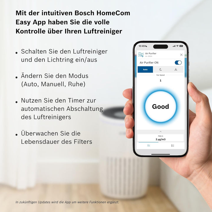 Bosch Air 2000i App-gesteuerter Luftreiniger - Für Räume bis zu 37,5 m² - Entfernt Schadstoffe - Mit