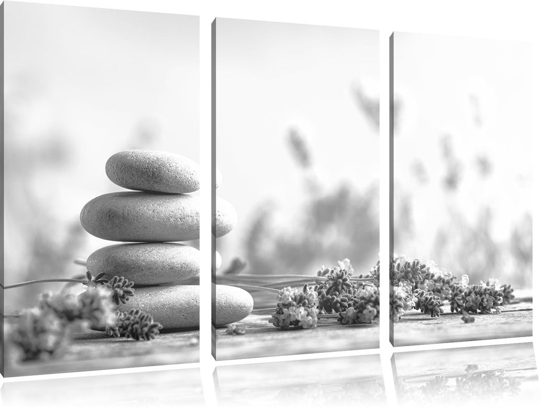 Pixxprint Lavendel Spa-Stillleben Kunst B&W / 3-Teilig/Gesamtmass 120cm Leinwandbild bespannt auf Ho