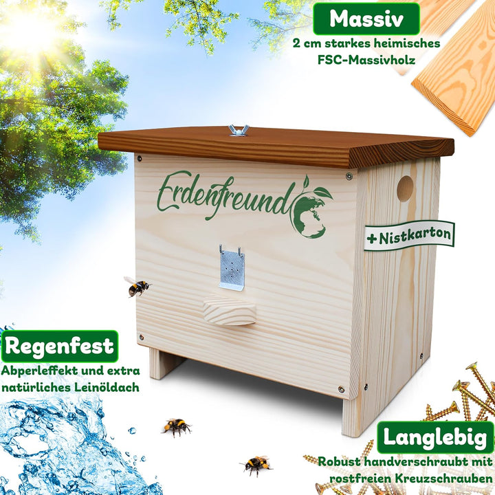 Erdenfreund® Hummelhaus mit Wachsmottenklappe + Fester Verschluss Räuberschutz Hummelhotel inkl. Nis
