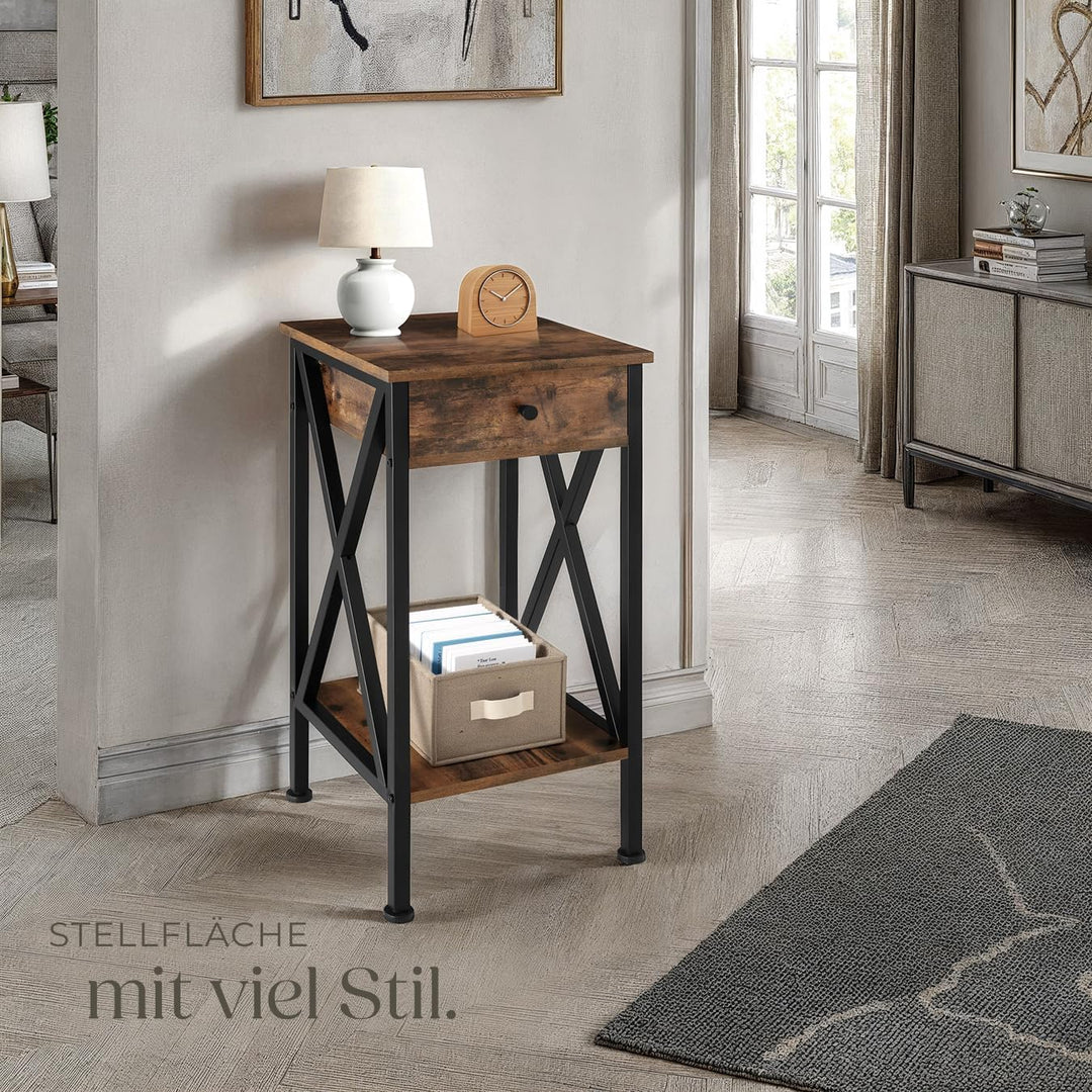 tectake Beistelltisch mit Schublade und Ablageflächen, Nachttisch Boxspringbett, Industrie-Design, 3