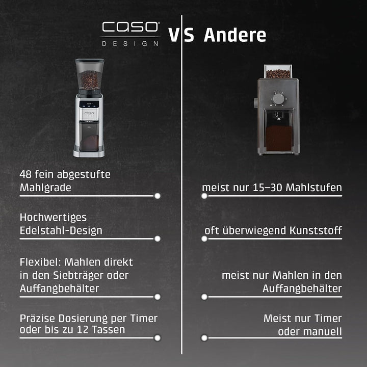 CASO BaristaChef Inox - elektrische Kaffeemühle, langlebiges Edelstahl-Kegelmahlwerk, mit Siebträger