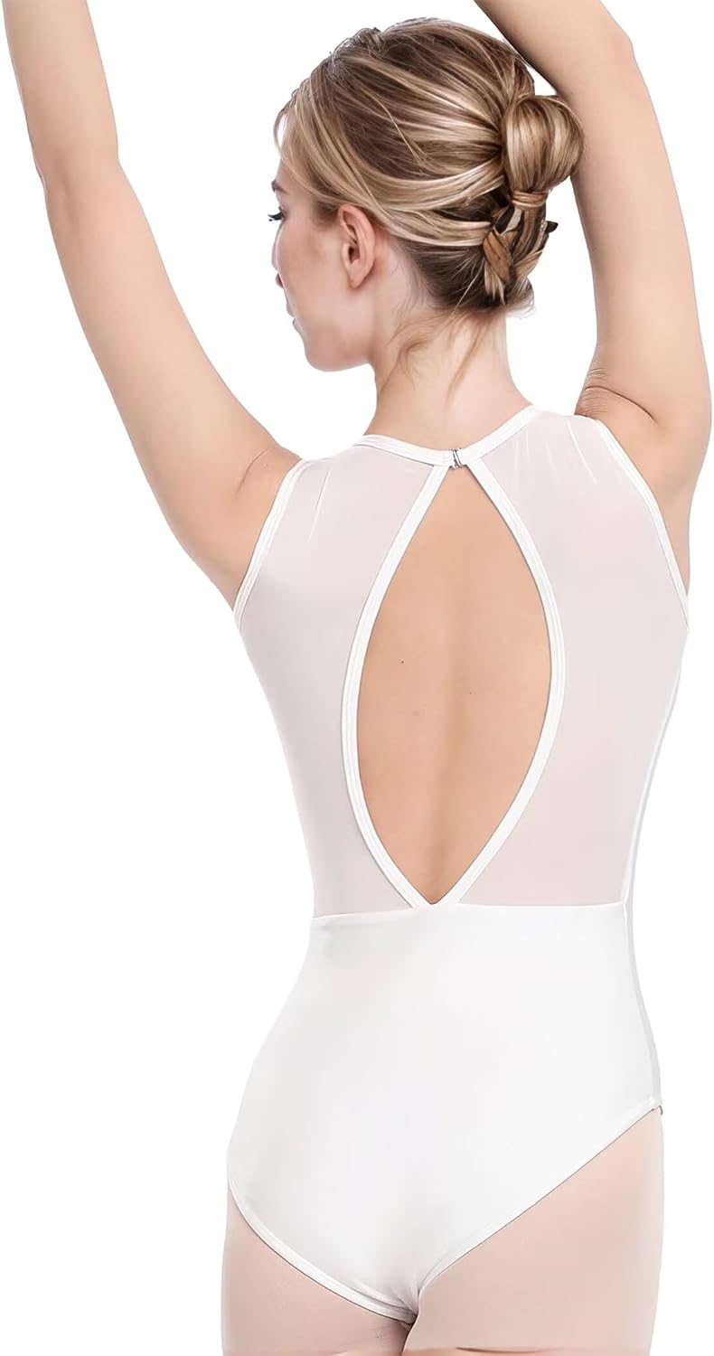 Nackennetz Rückenfrei Gymnastik Trikots Ballett Tanz Trikots für Damen,mit BH Pad Weiss Mesh 160/84A