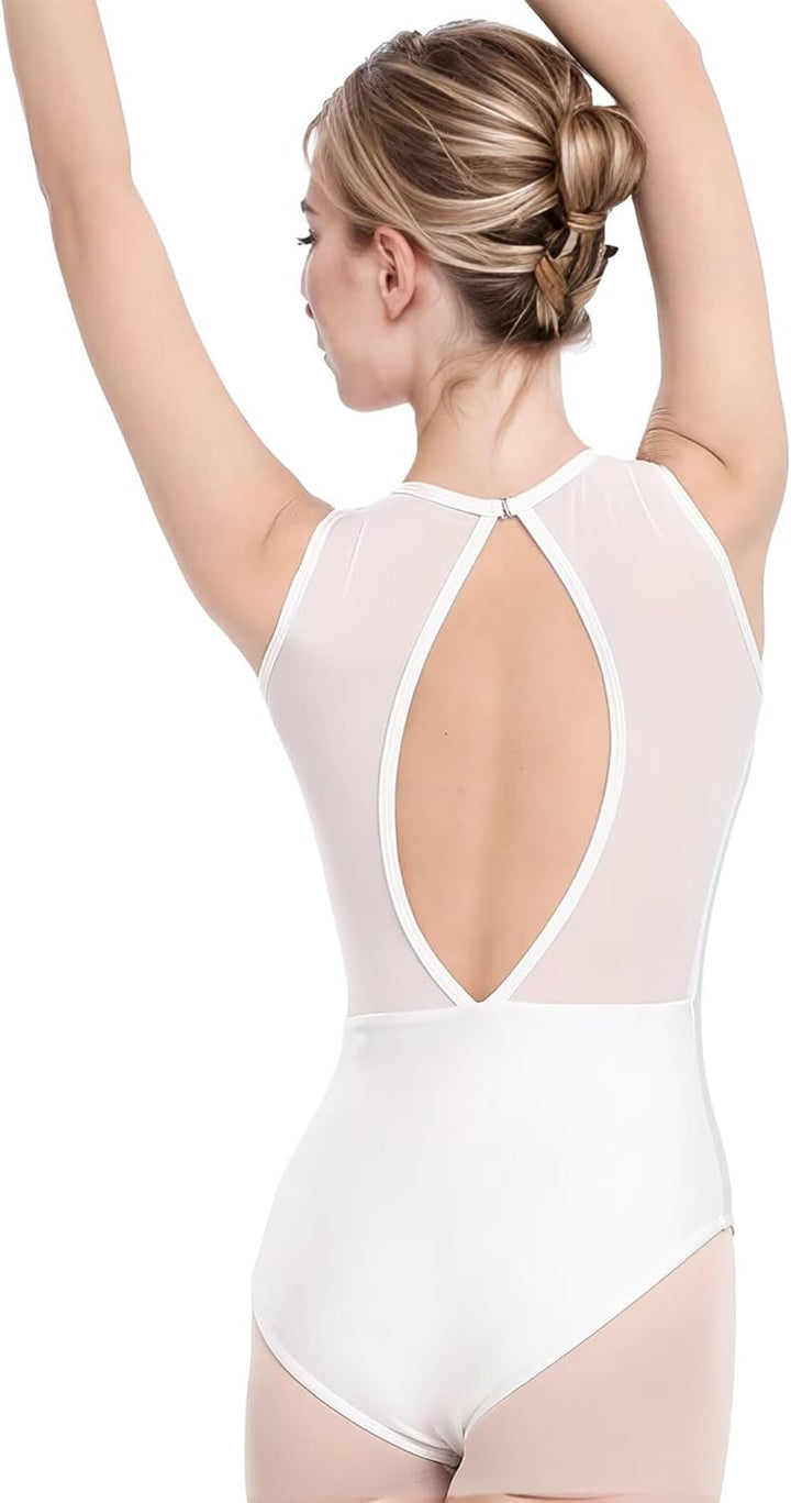 Nackennetz Rückenfrei Gymnastik Trikots Ballett Tanz Trikots für Damen,mit BH Pad Weiss Mesh 165/88A