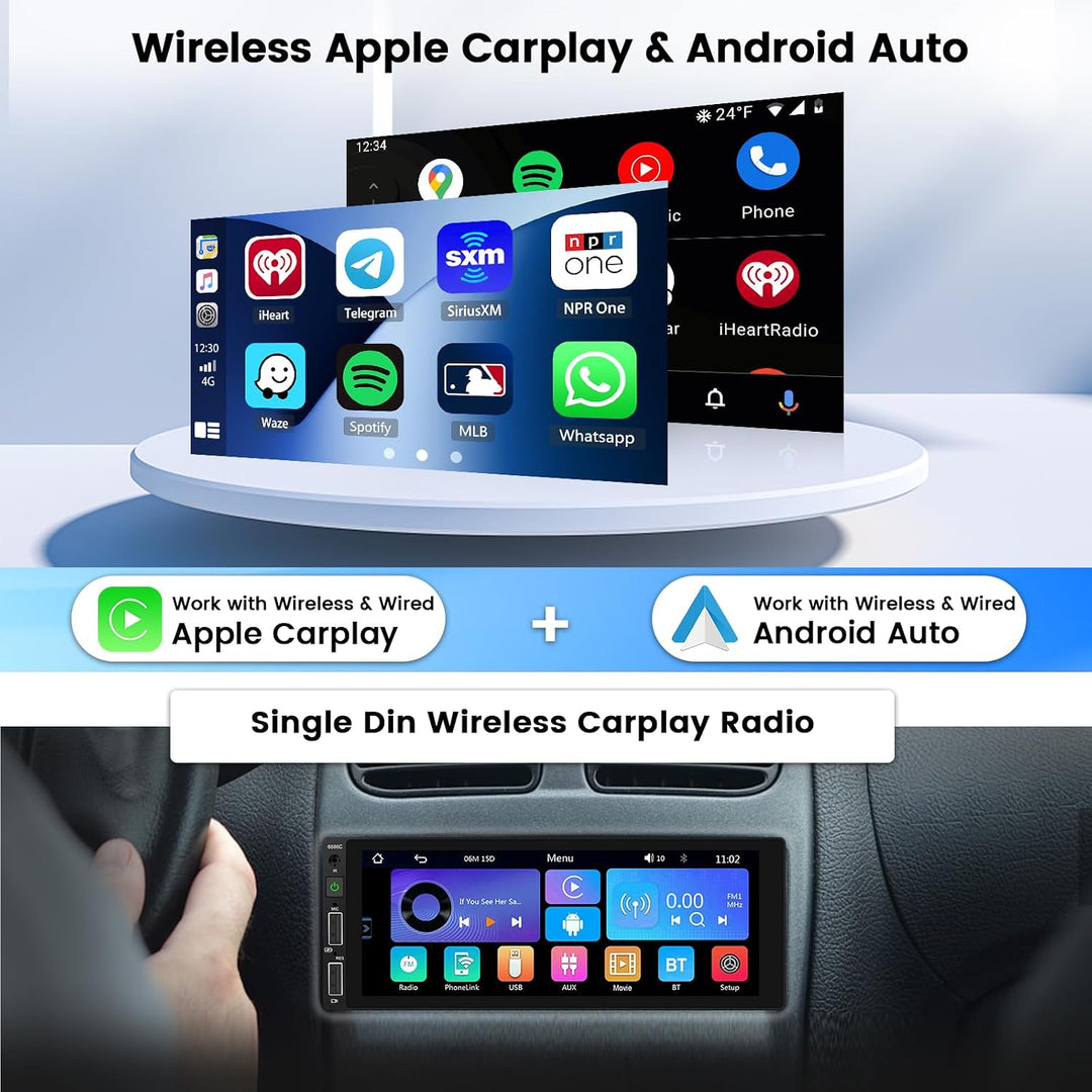 Hikity Autoradio 1 DIN mit Wireless Carplay Android Auto Mirror Link Auto Radio Touch Display mit 6,