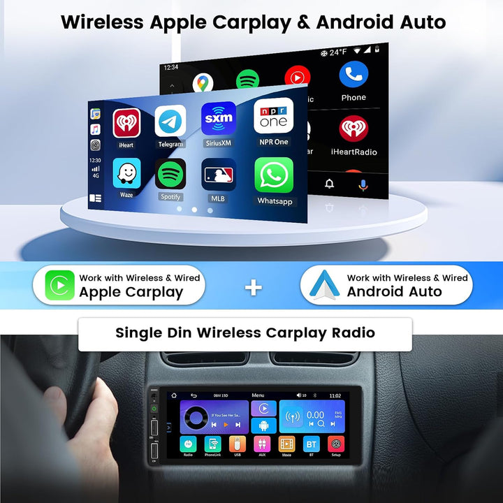 Hikity Autoradio 1 DIN mit Wireless Carplay Android Auto Mirror Link Auto Radio Touch Display mit 6,