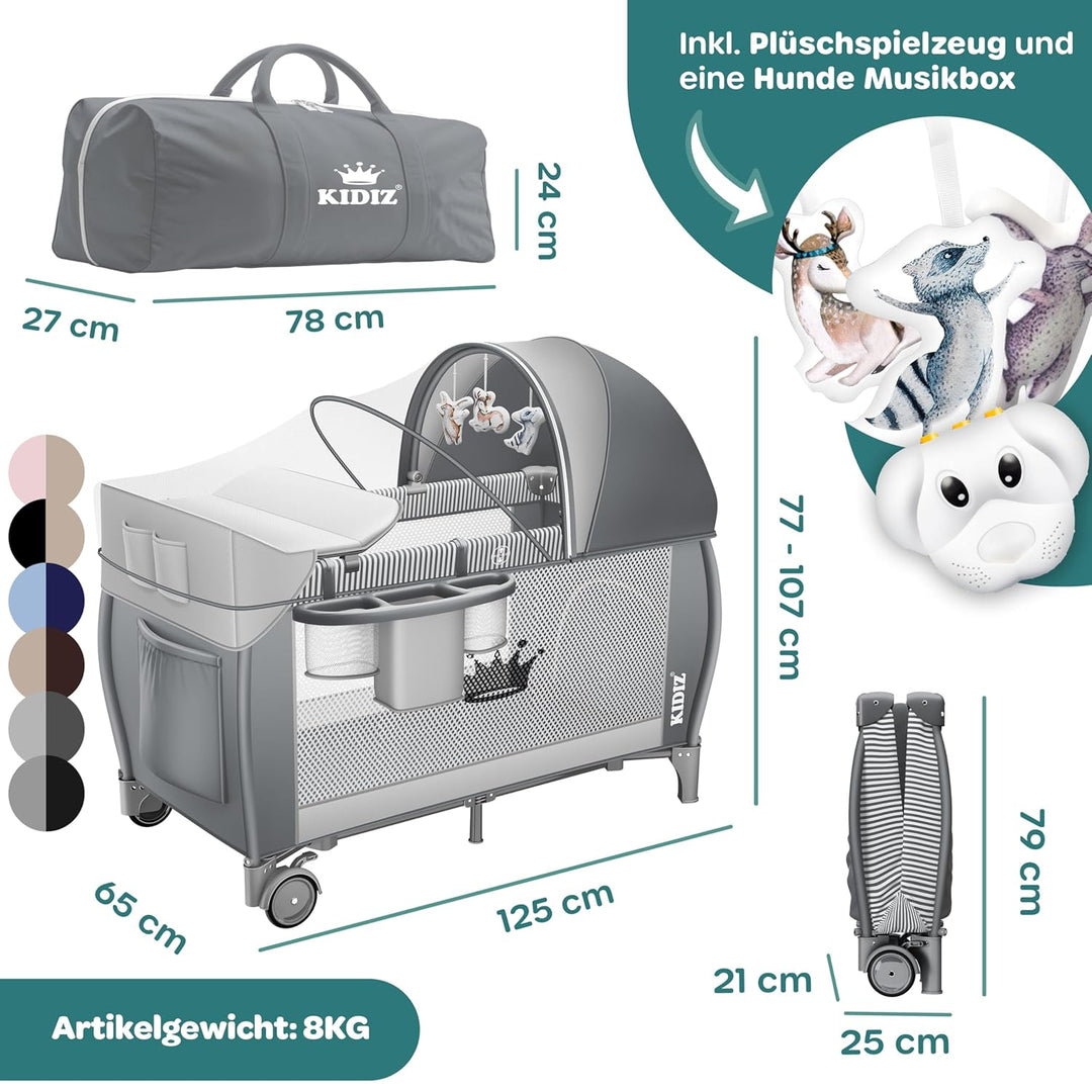 Kidiz® Babybett Reisebett Kinderreisebett klappbar mit Matratze & Räder 120x60, Seiteneingang, Wicke