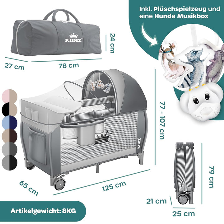 Kidiz® Babybett Reisebett Kinderreisebett klappbar mit Matratze & Räder 120x60, Seiteneingang, Wicke