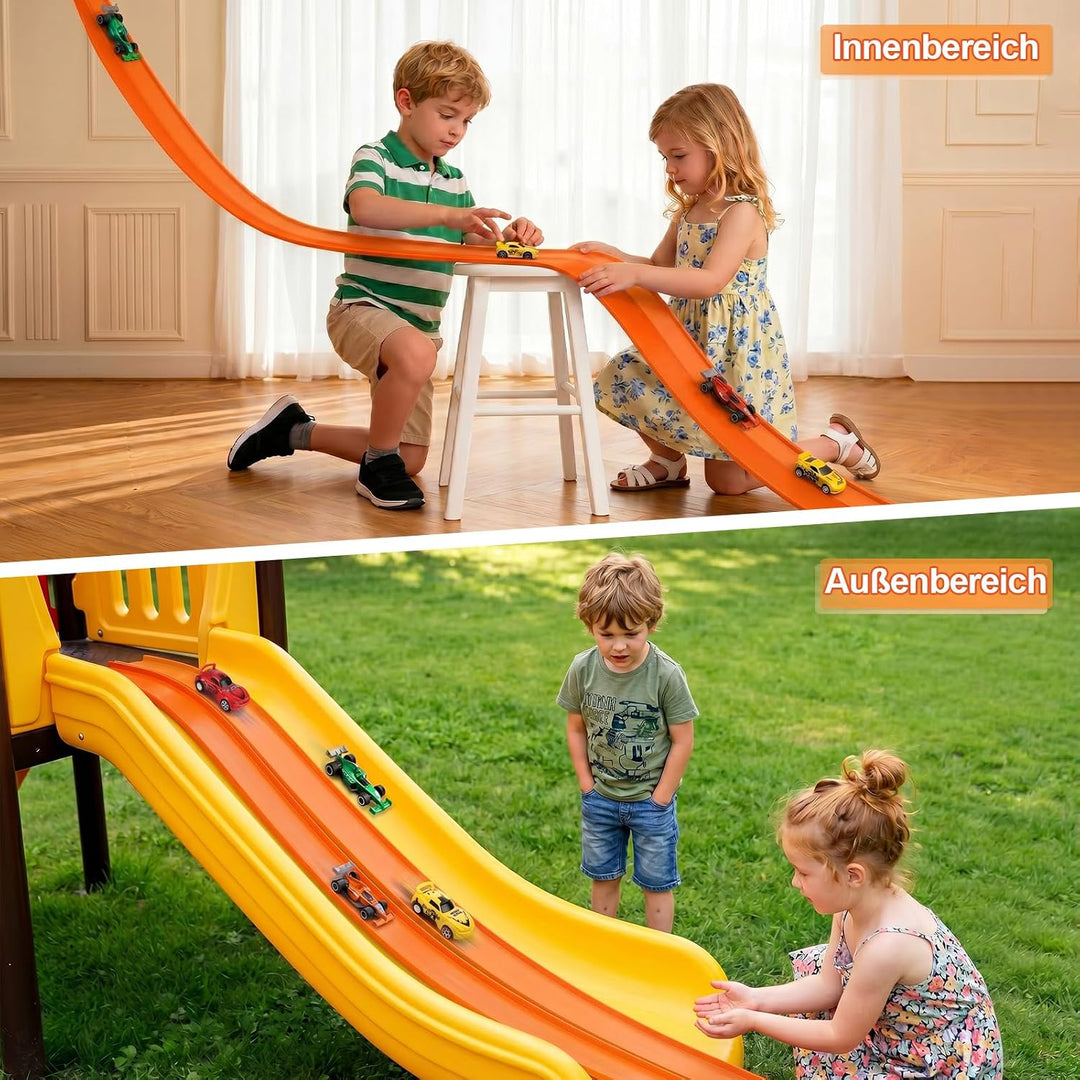 Flexible Autorennbahn Kinder, 6m Autobahn Kinder mit 6 Autos, tragbare Doppel-Rennbahn &amp; Rampe für 1