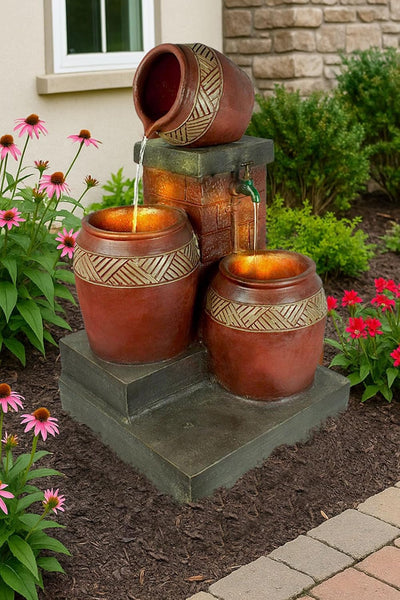 Gartenbrunnen mit LED Beleuchtung Springbrunnen Krüge Zierbrunnen Terrassenbrunnen Balkon Brunnen Ga