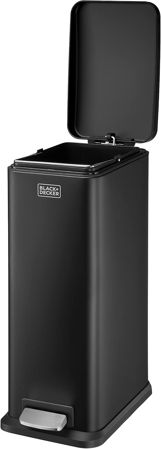 BLACK+DECKER BXBN0008E Slimline Treteimer mit sanft schliessendem Deckel, Edelstahl, 20 l, 56 x 22 x
