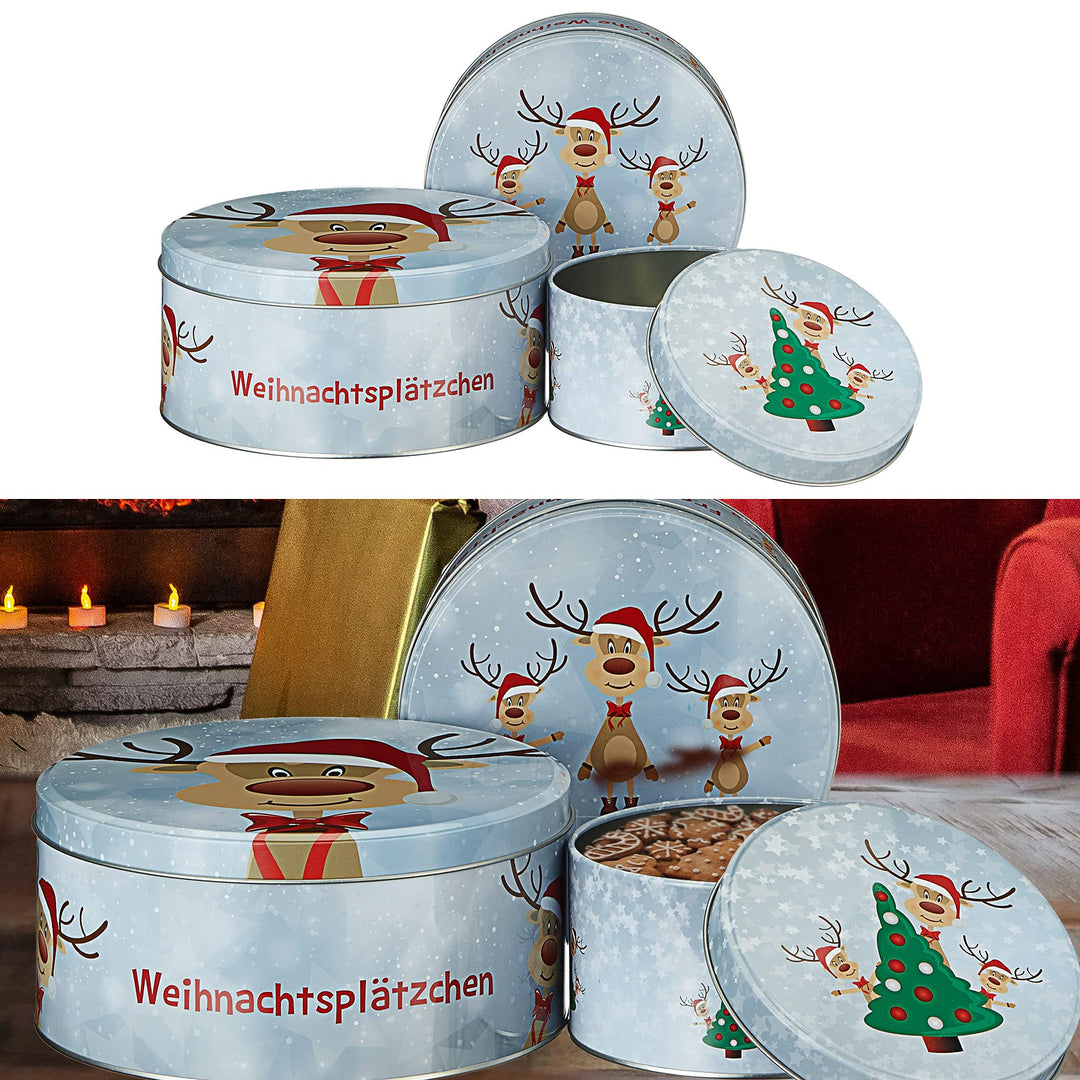Cepewa Gebäckdose Rentier Ole 3er Set Weihnachten | 3 Grössen rund Metall | Aufbewahrung Weihnachtsg