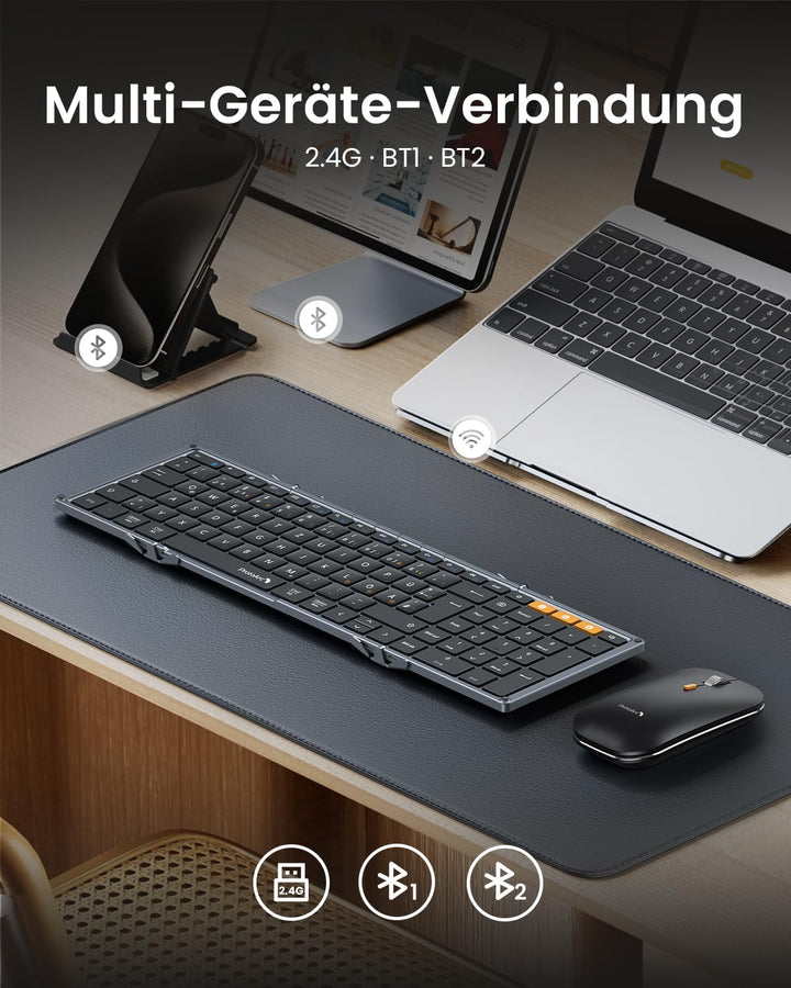 ProtoArc Faltbare Tastatur Kabellos und Maus, XKM01 Bluetooth Tastatur Klappbar Maus Set, 2.4G+Dual