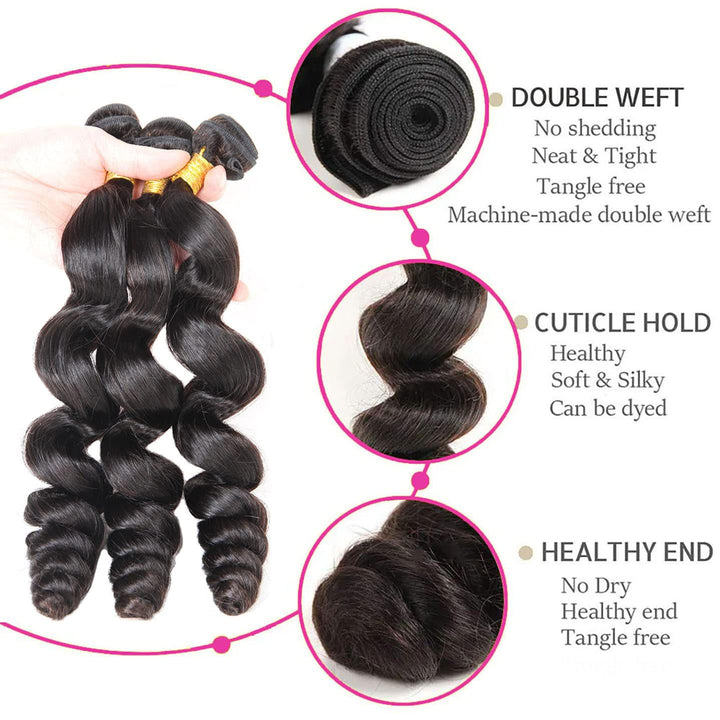 Huarisi Loose Wave 3 Bundles (22 24 26 Inch), Brazilian Human Hair Loose Wave Weaves, 8a Unprocessed