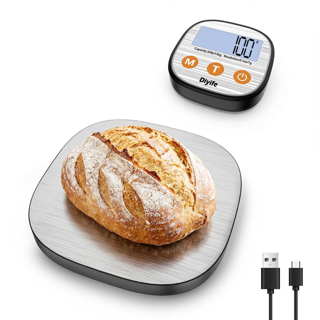 Diyife Aufladen Digitale Küchenwaage 15kg mit Geteilt LCD-Display, Grammwaage Hochpräzise 1g, 304 Ed